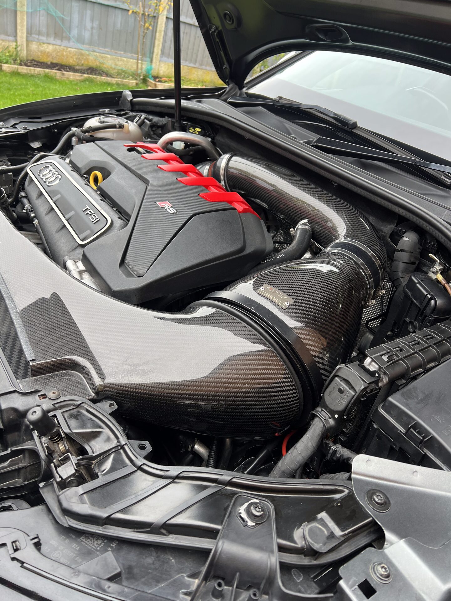 Audi RS engine bay with carbon Eventuri intake fully detailed by Auto-Glo in Coventry